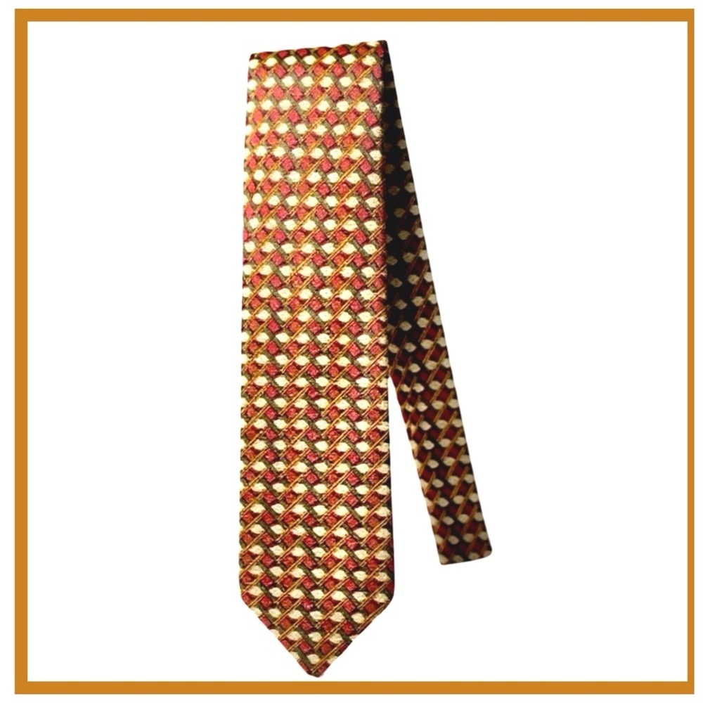 Bijan Men’s Burgundy, Green & Gold Patterned Silk Necktie. 58” x 4”